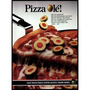 1985 Pizza Ole Spanish Green Olives Vintage Print Ad Olive Jar Spain Wall Art